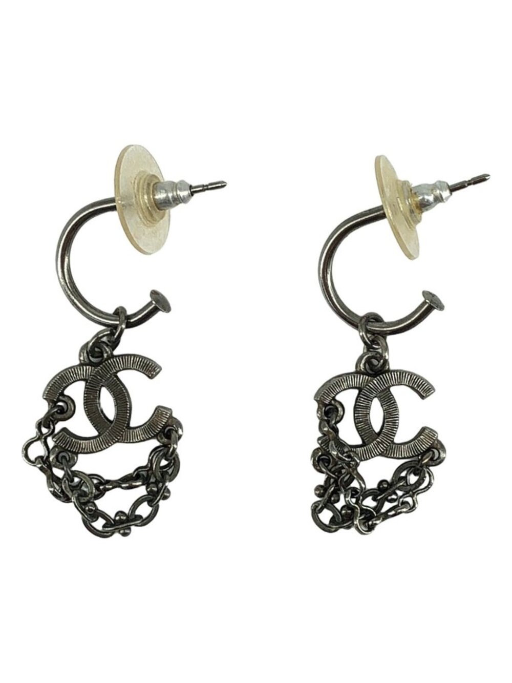 Chanel CC Logo Chain Earrings Silver